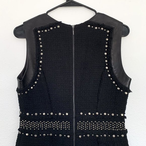 Rebecca Taylor Dress Black Tweed Studded Sleeveless Lamb Leather Fray - Picture 11 of 12